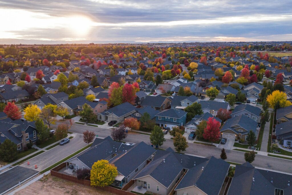 Aerial view of a suburban neighborhood in fall
