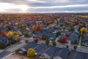 Aerial view of a suburban neighborhood in fall
