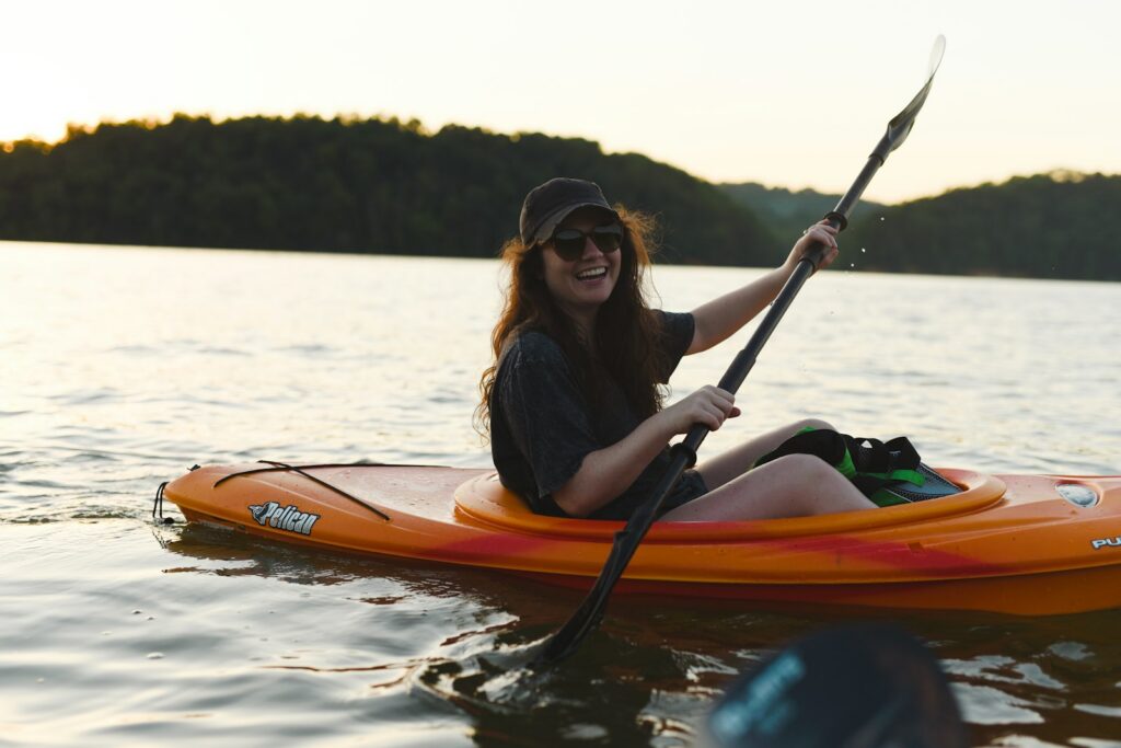 Kayaking on the lake at sunset